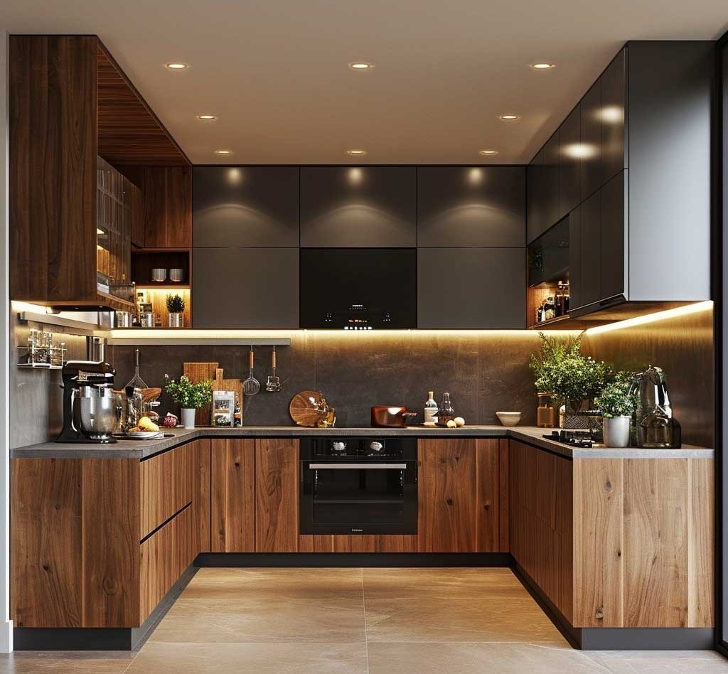 Tủ bếp gỗ Plywood phủ Melamin vân óc chó CN24 1 Tủ bếp gỗ Plywood phủ Melamin vân óc chó CN24